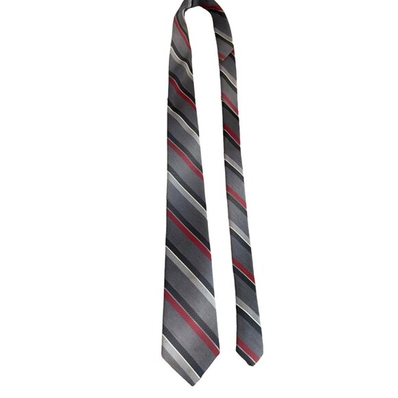 Austin Manor Mens Neck Tie Red Gray Black Stripe Work Dad Gift - Picture 1 of 6